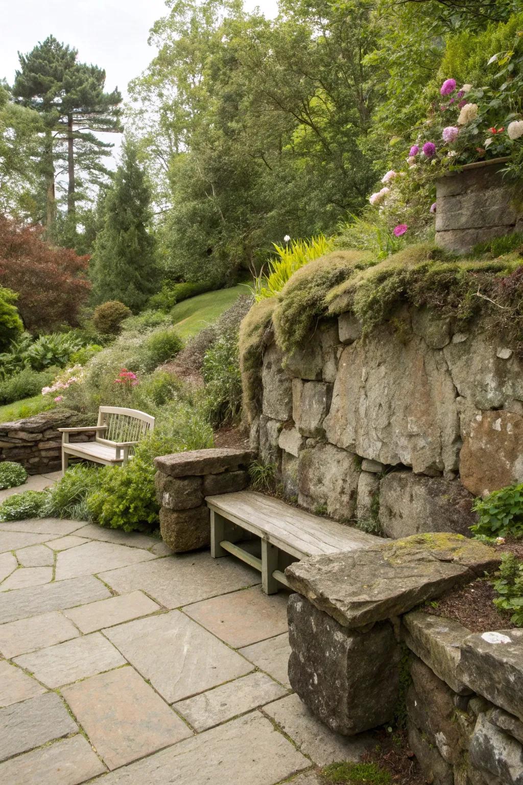 Built-in seating with rock walls offers functionality and charm.