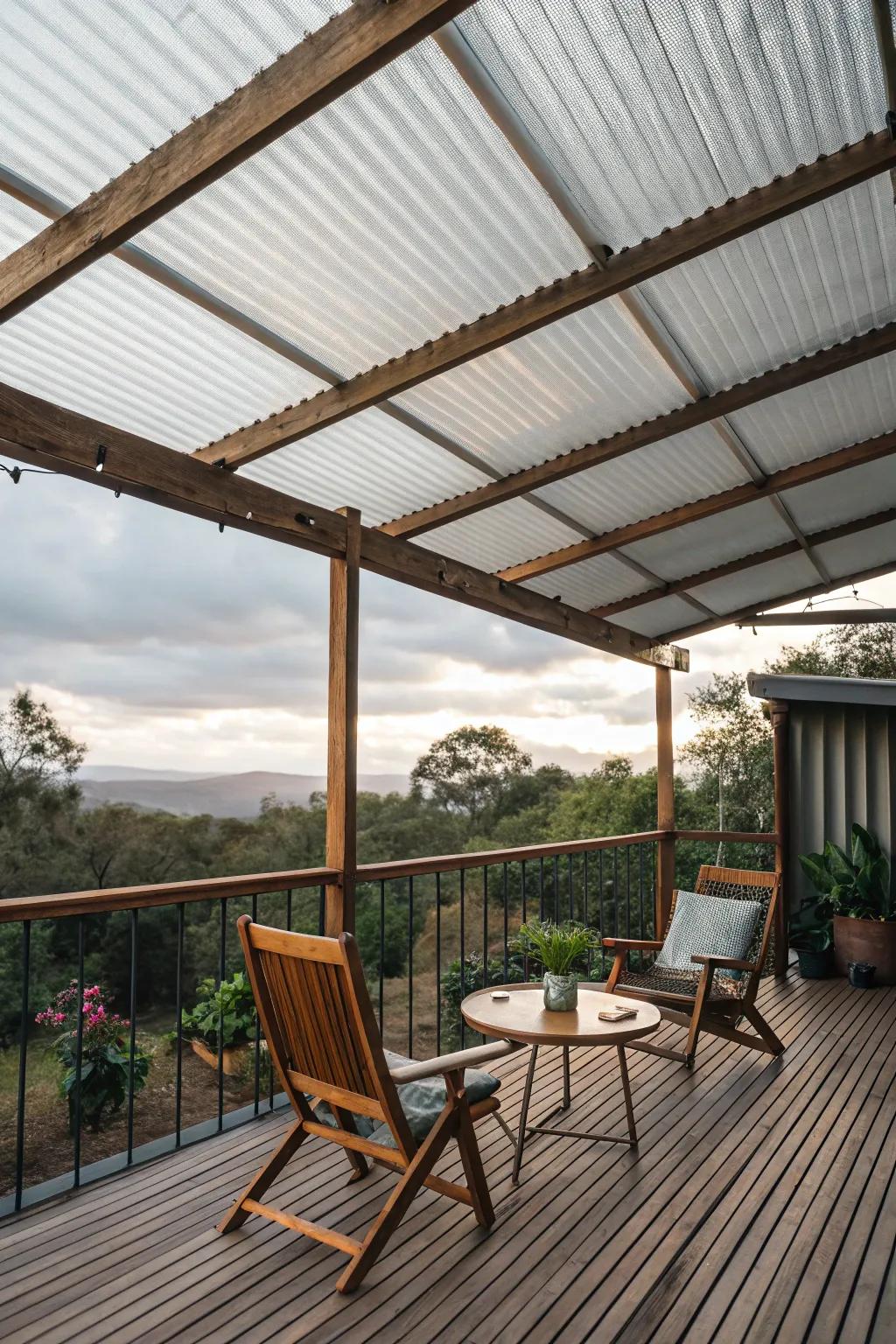 Corrugated plastic roofs offer an affordable and practical deck covering.