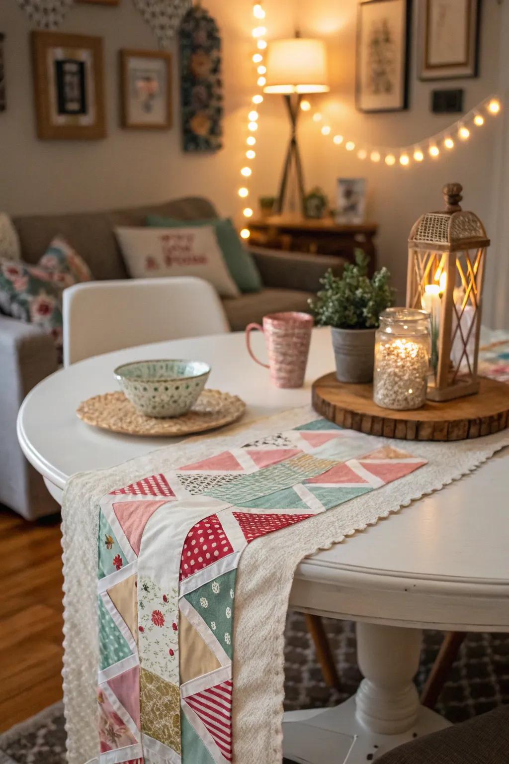 Fabric remnants make for a distinctive, personalized table runner.