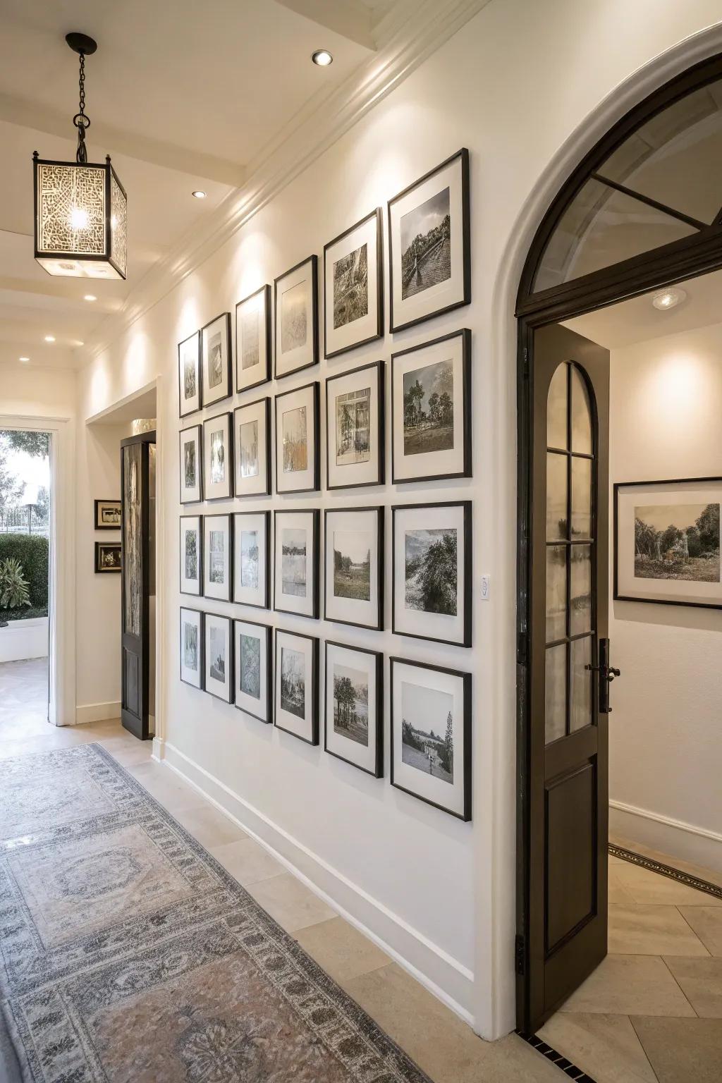 An entryway with a single-hue arrangement of black and white prints