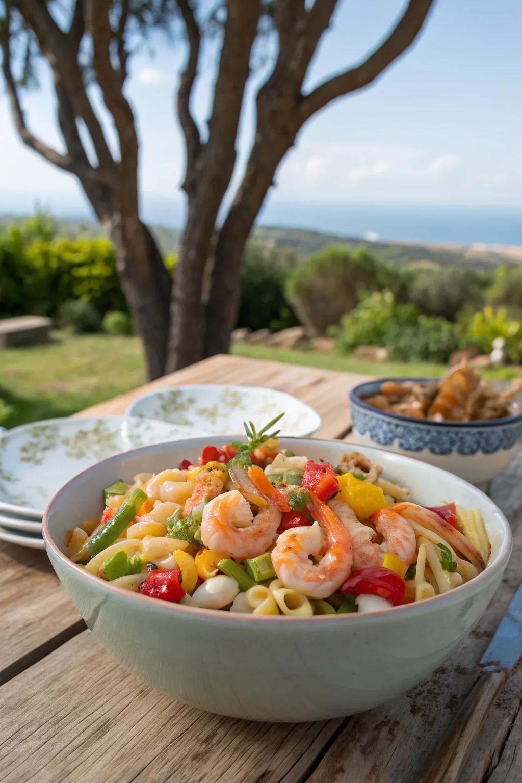 Seafood pasta salad, a hearty and shareable picnic dish.