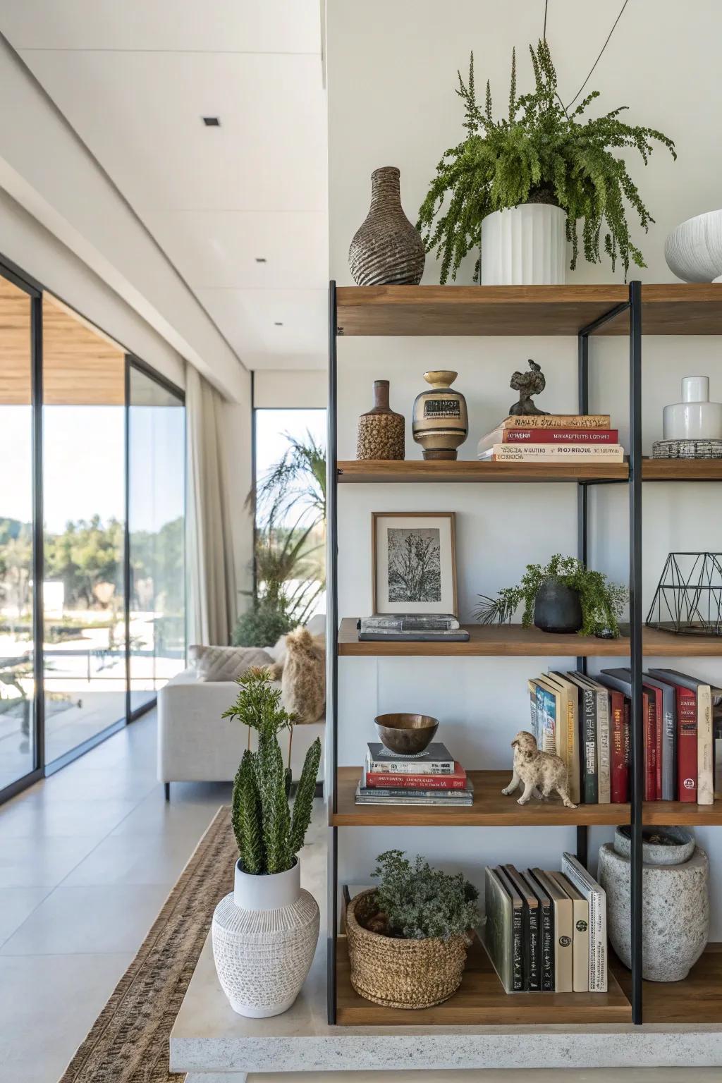 An asymmetrical shelf layout offers a bold design statement.