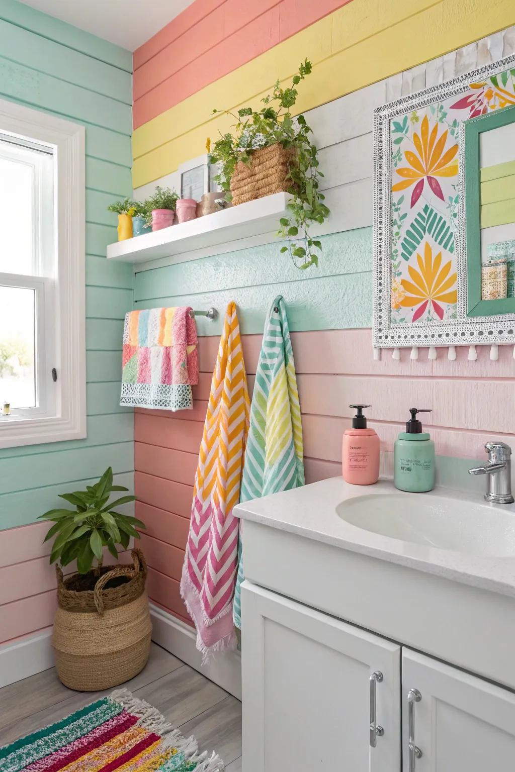 A bathroom featuring a colorful board and batten feature wall for vibrancy.