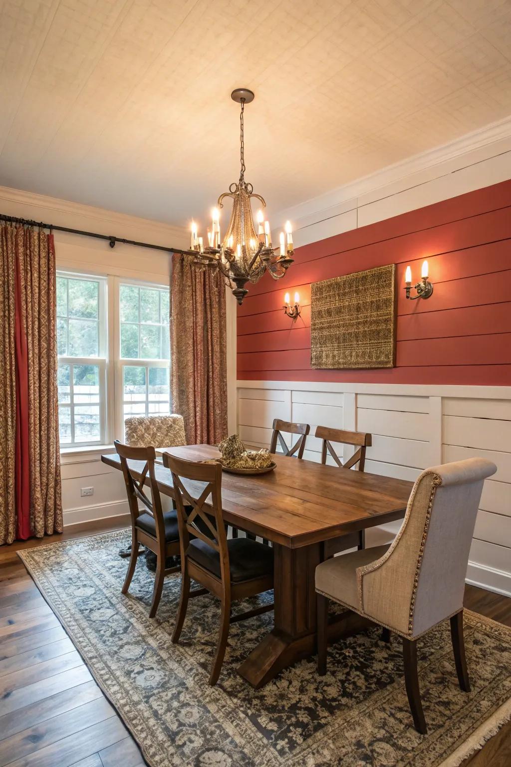 A dining room with an unexpected color pop and shiplap walls.