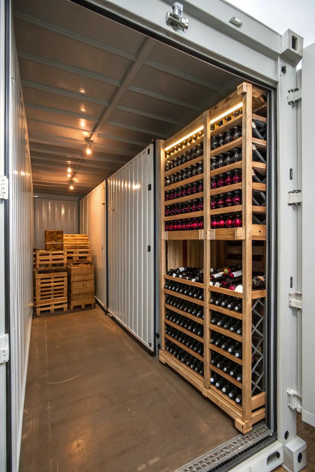 A wine cellar oasis crafted within a shipping container.