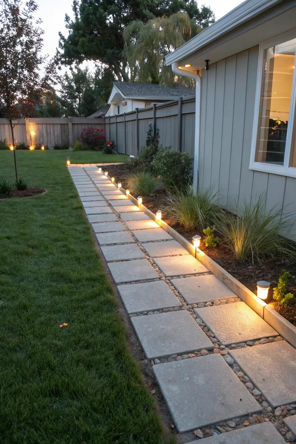 Linear lights offer a modern touch to your side yard path.