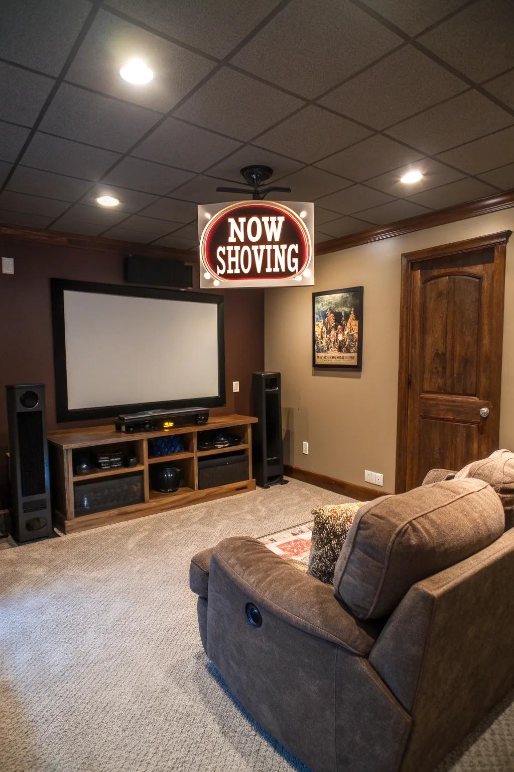 A home theater room with a vintage 'Now Showing' movie theater sign.