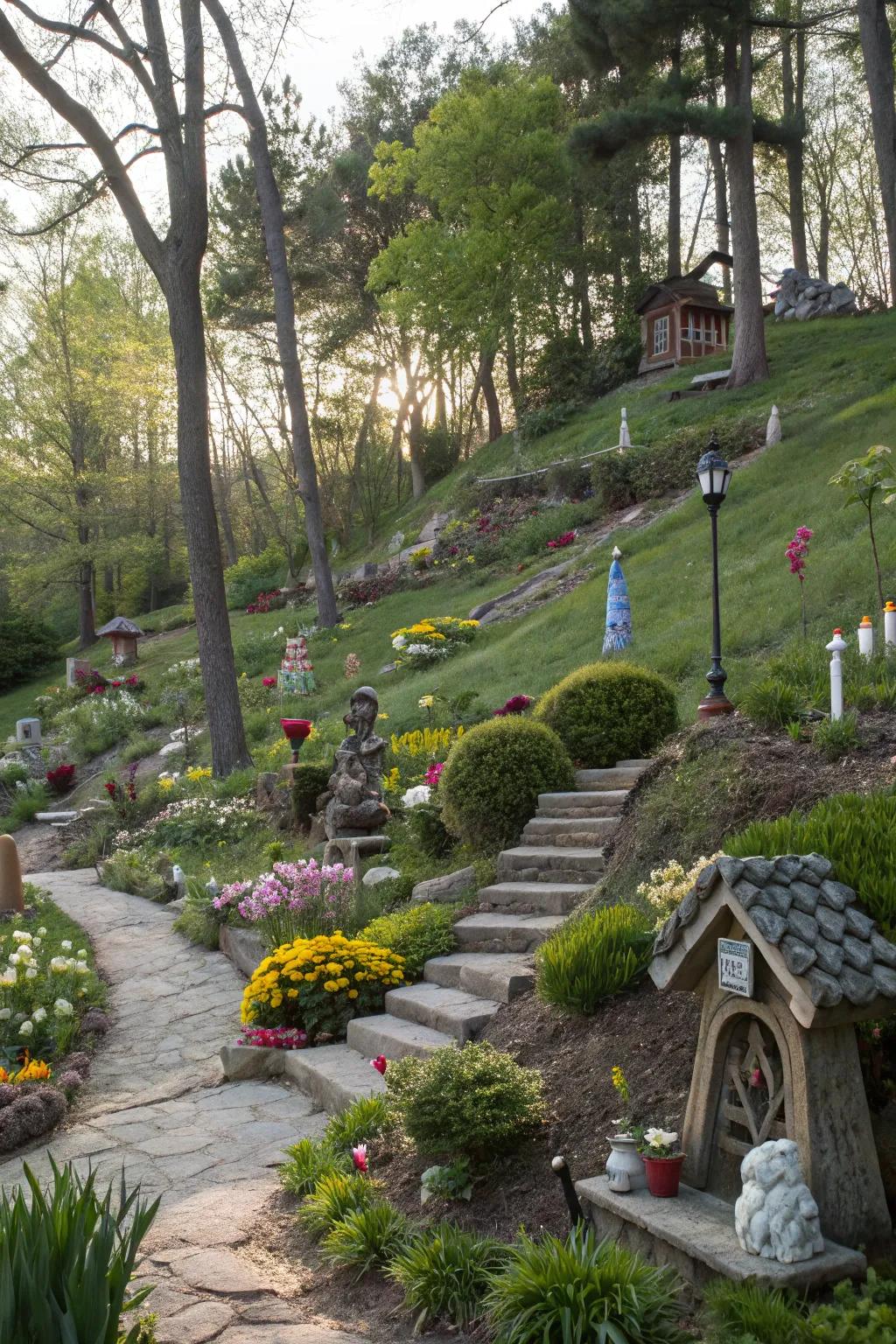 Outdoor art pieces create a captivating gallery on this slope.