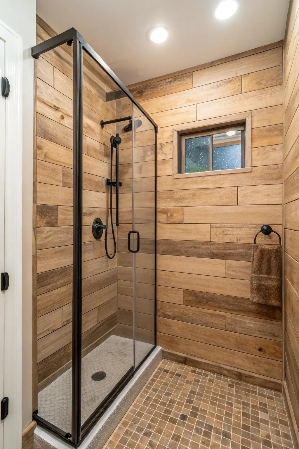 Timber-inspired tiles furnish warmth and a natural sensation.