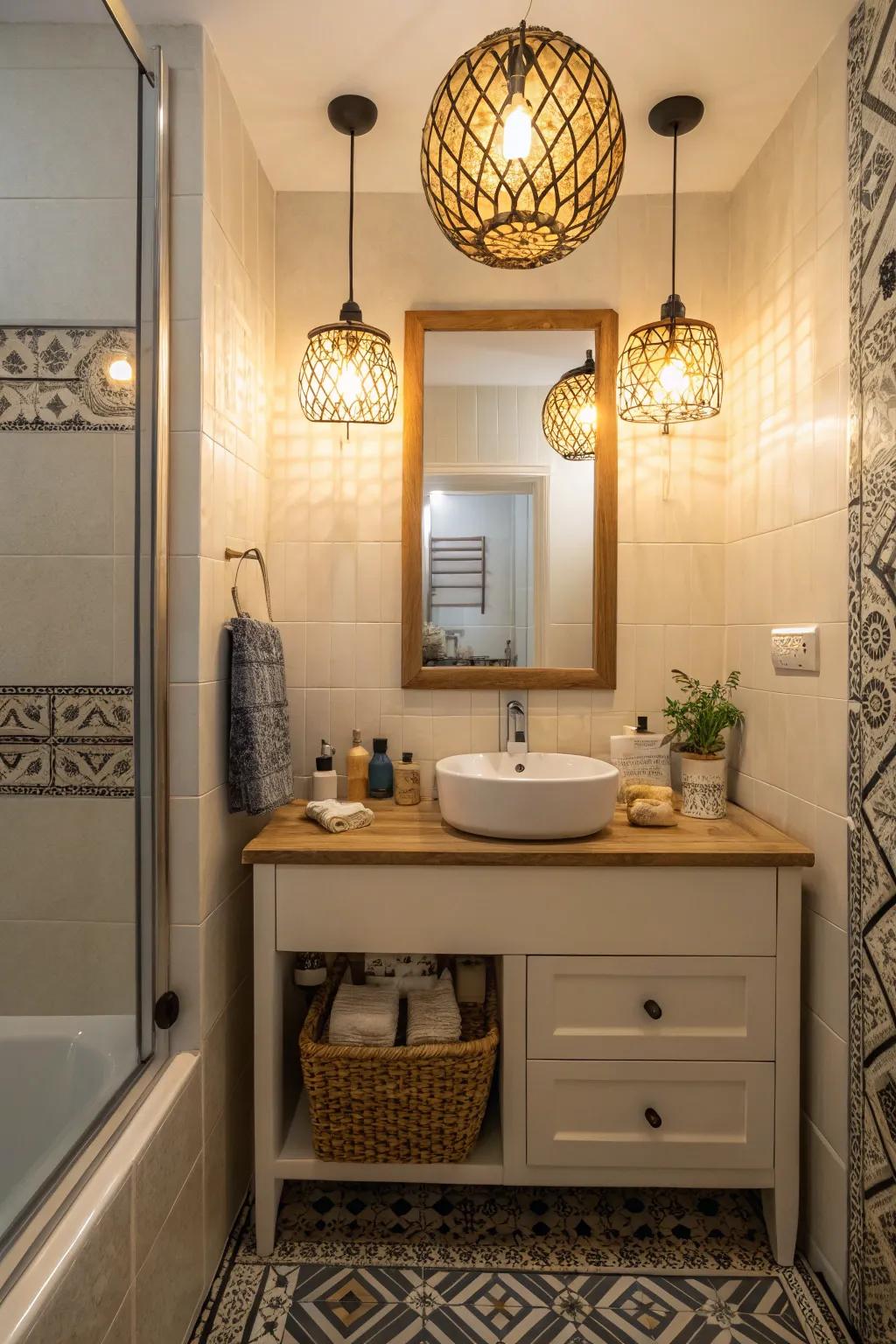 Decorative lighting that highlights the beauty and functionality of a small bathroom vanity.