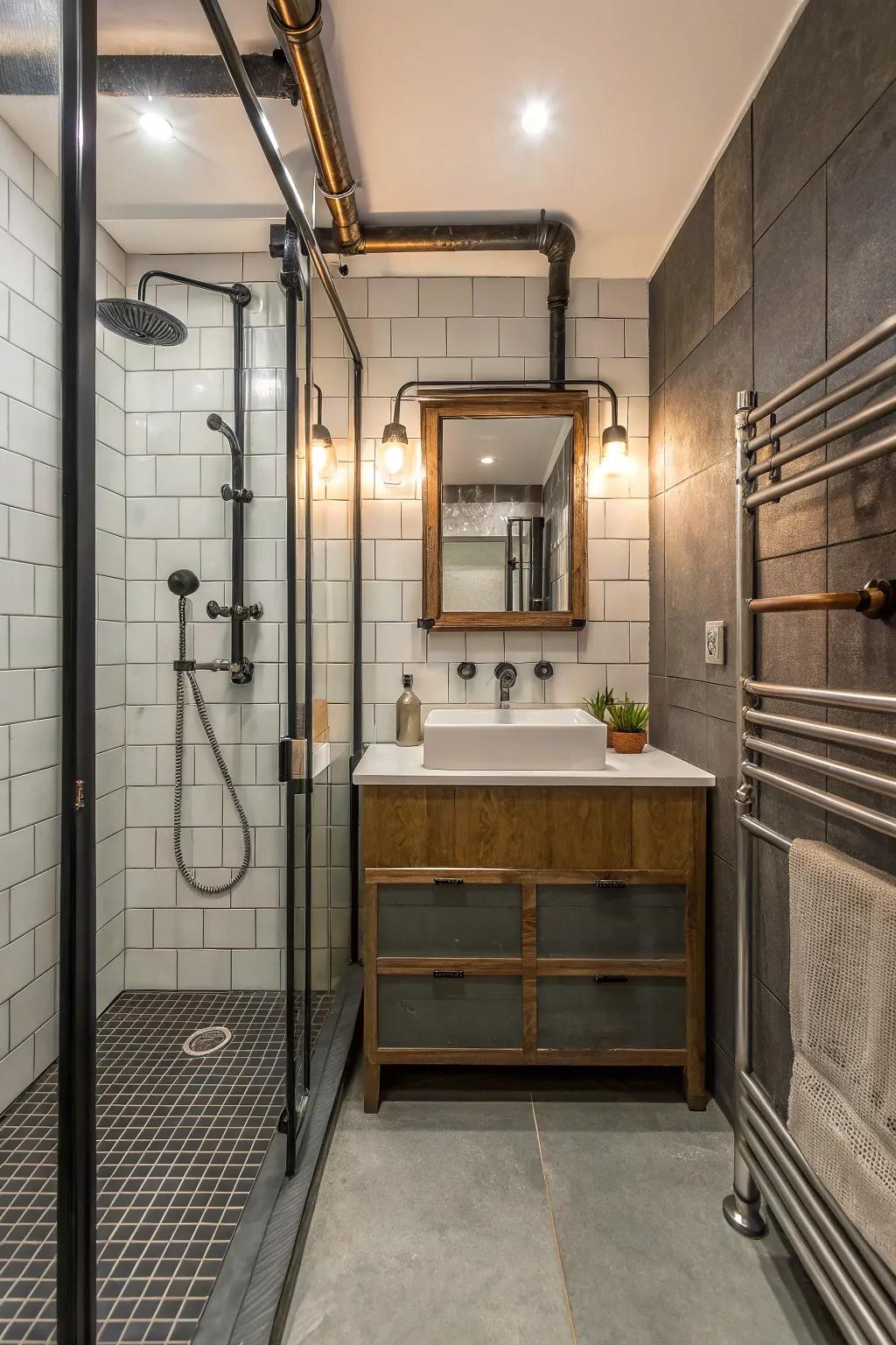 Industrial touches add an edgy and stylish vibe to small bathrooms.