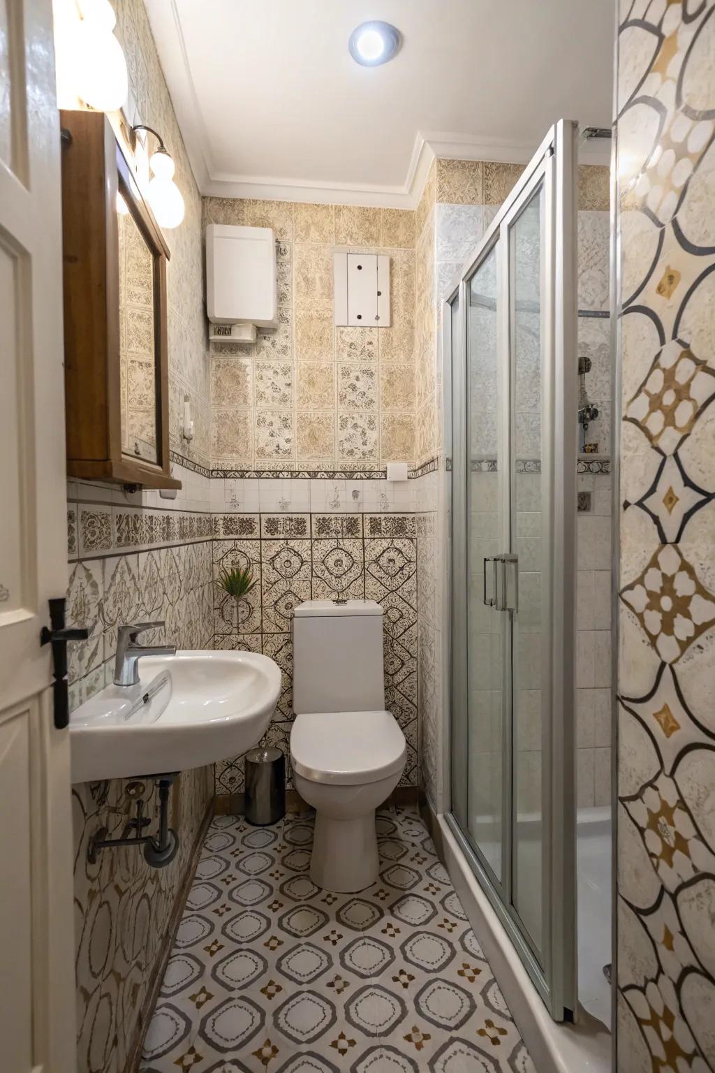 Tile-esque segments in a diminutive bathroom, consolidating module aesthetics through effortless upkeep.