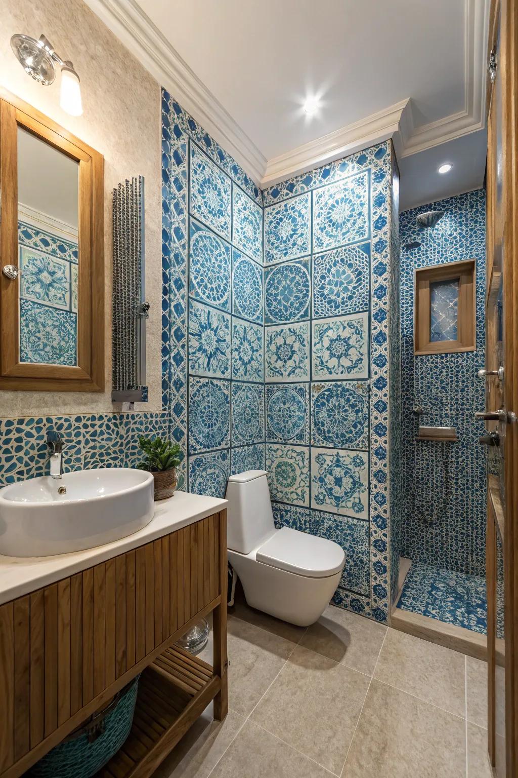 Blue mosaic tiles bring artistic flair and texture to the bathroom.