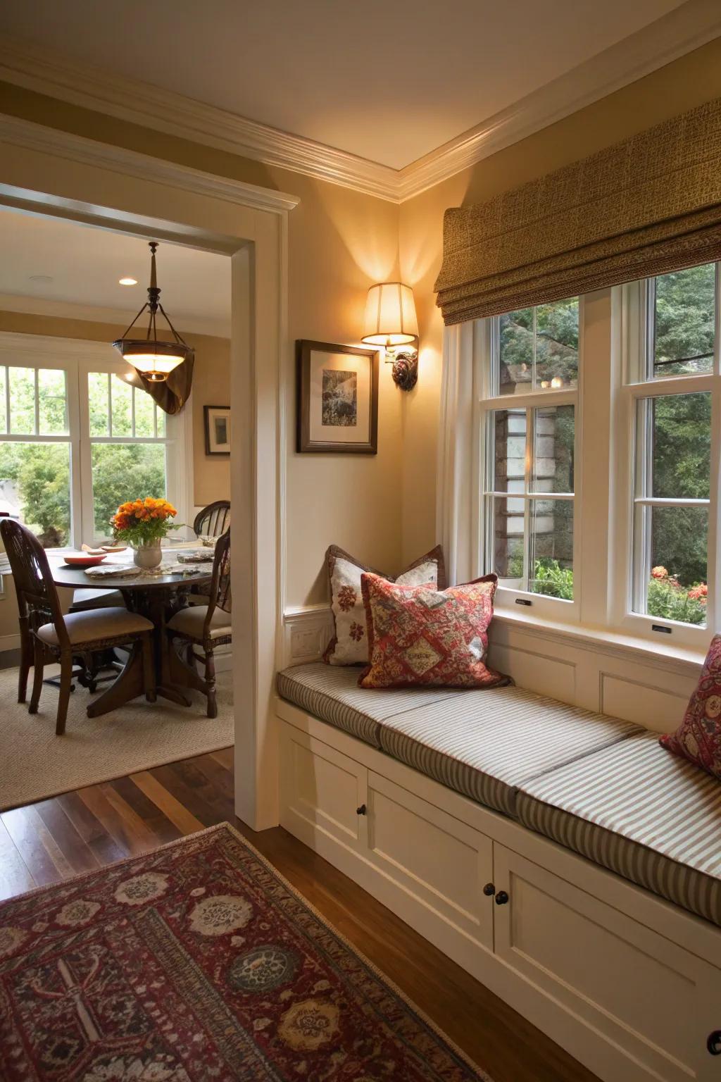 A window seat adds charm and functionality to the dining room.