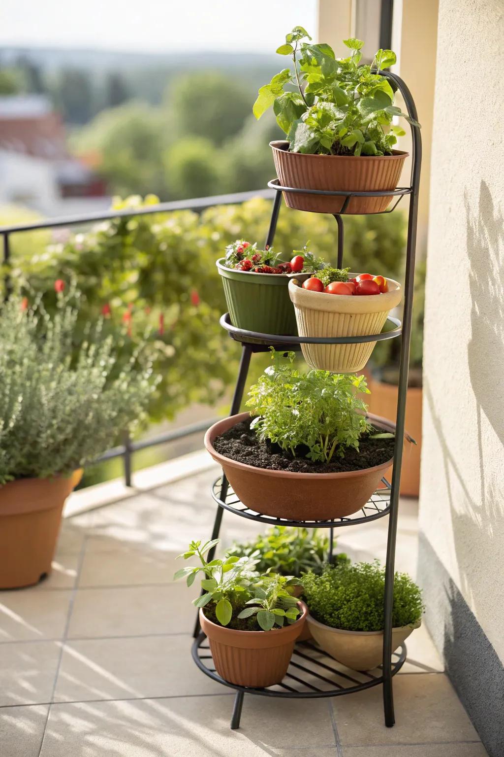 Tiered plant stands effectively maximize upright space.