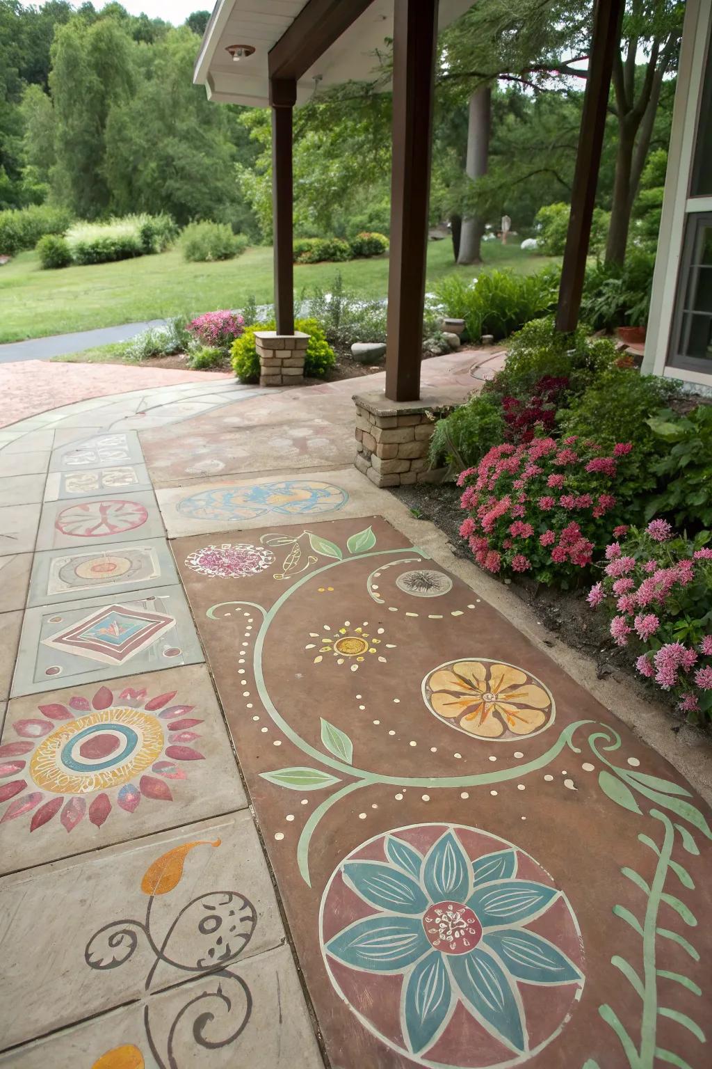 Artistic designs add a personal touch to the stamped concrete patio.