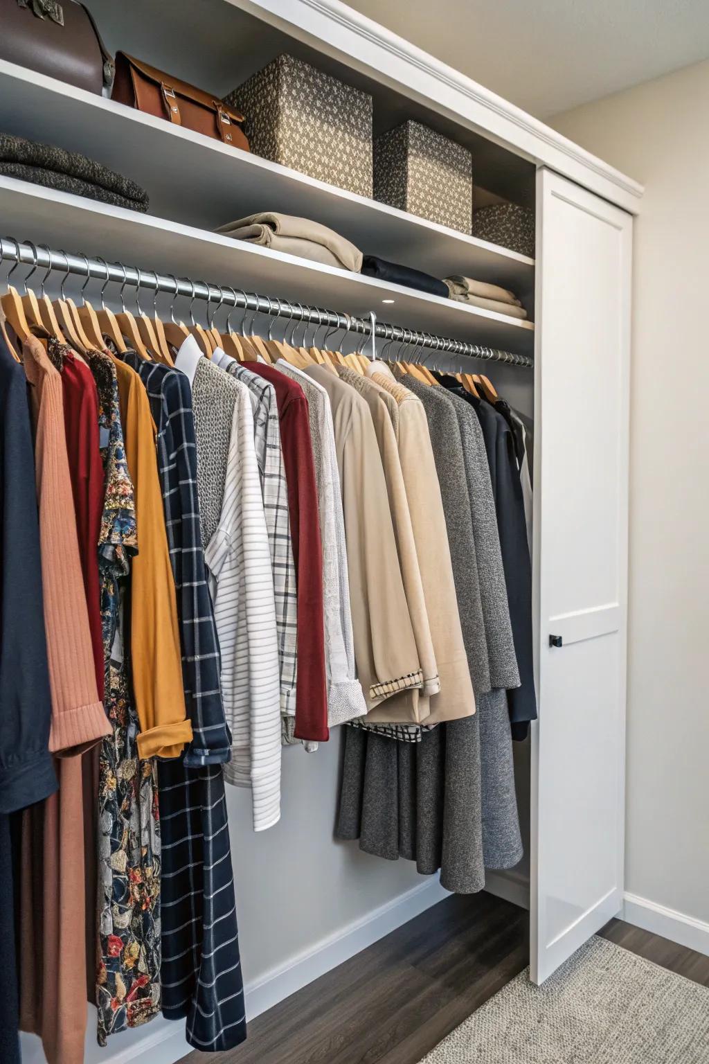 Closet with an additional clothes rod for extra hanging space.