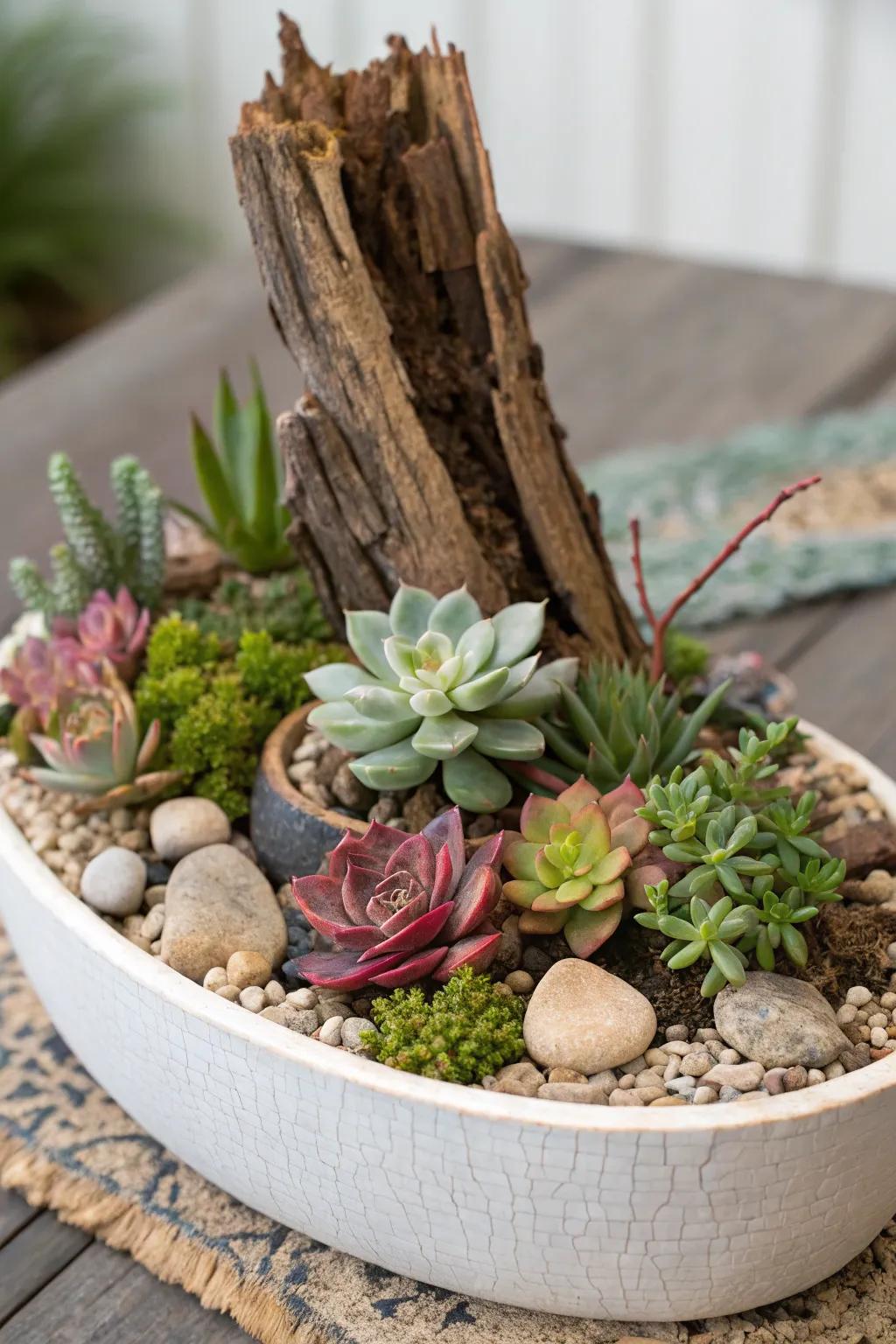 An eclectic succulent garden with textured elements.