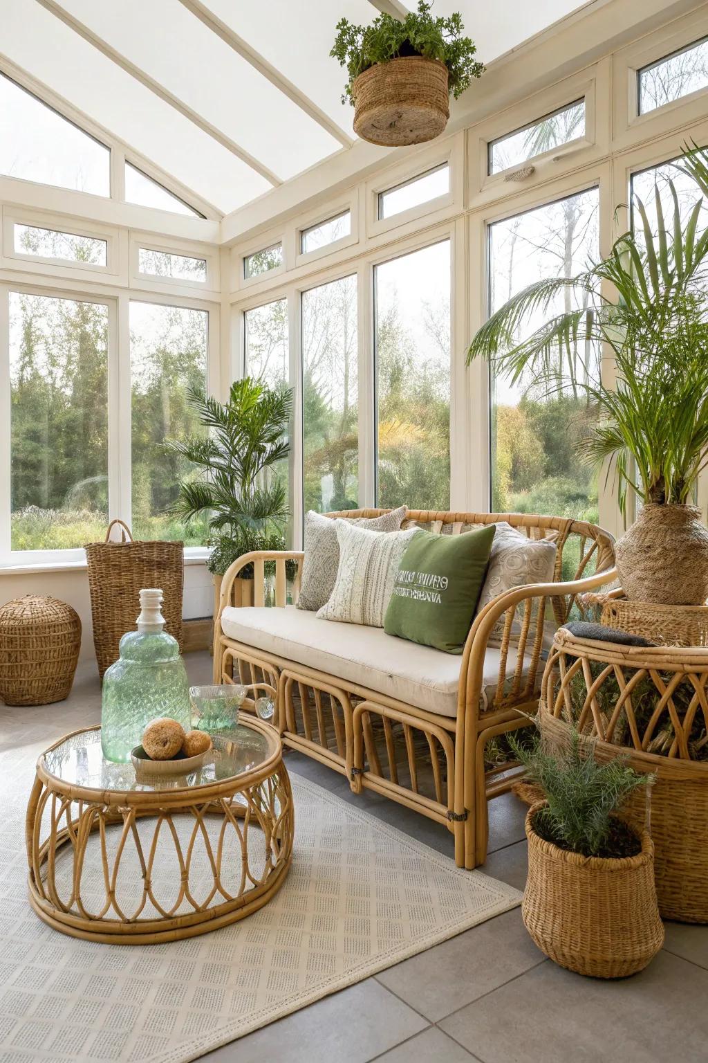 Eco-friendly materials enhance the sunroom's natural vibe.