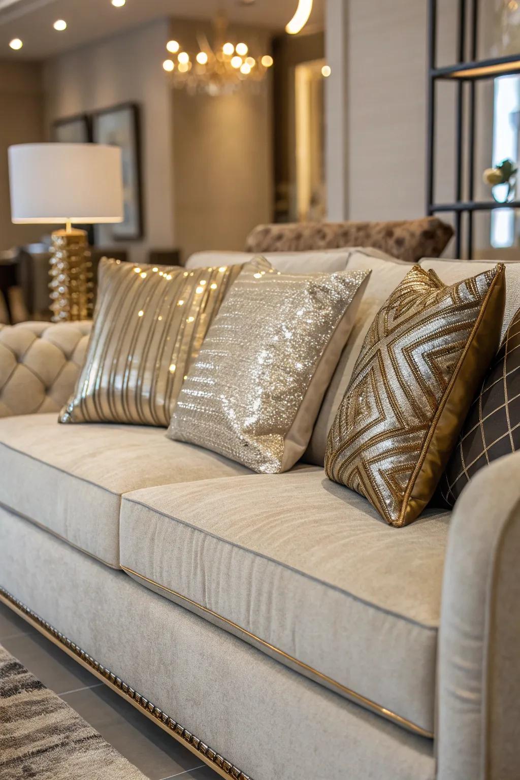 Elegant metallic accents on accent pillows adding a luxurious touch.