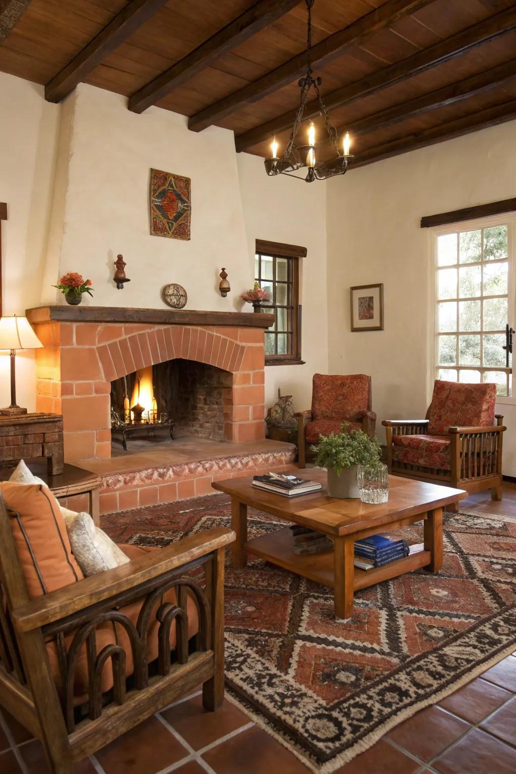 Red clay cladding creates a warm and inviting fireplace atmosphere.