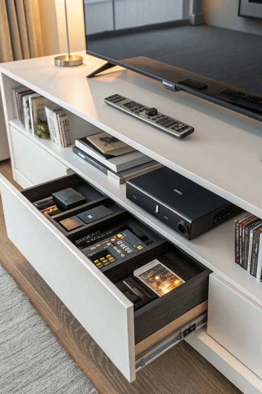 Hidden compartments offer discreet storage options for a cleaner look.