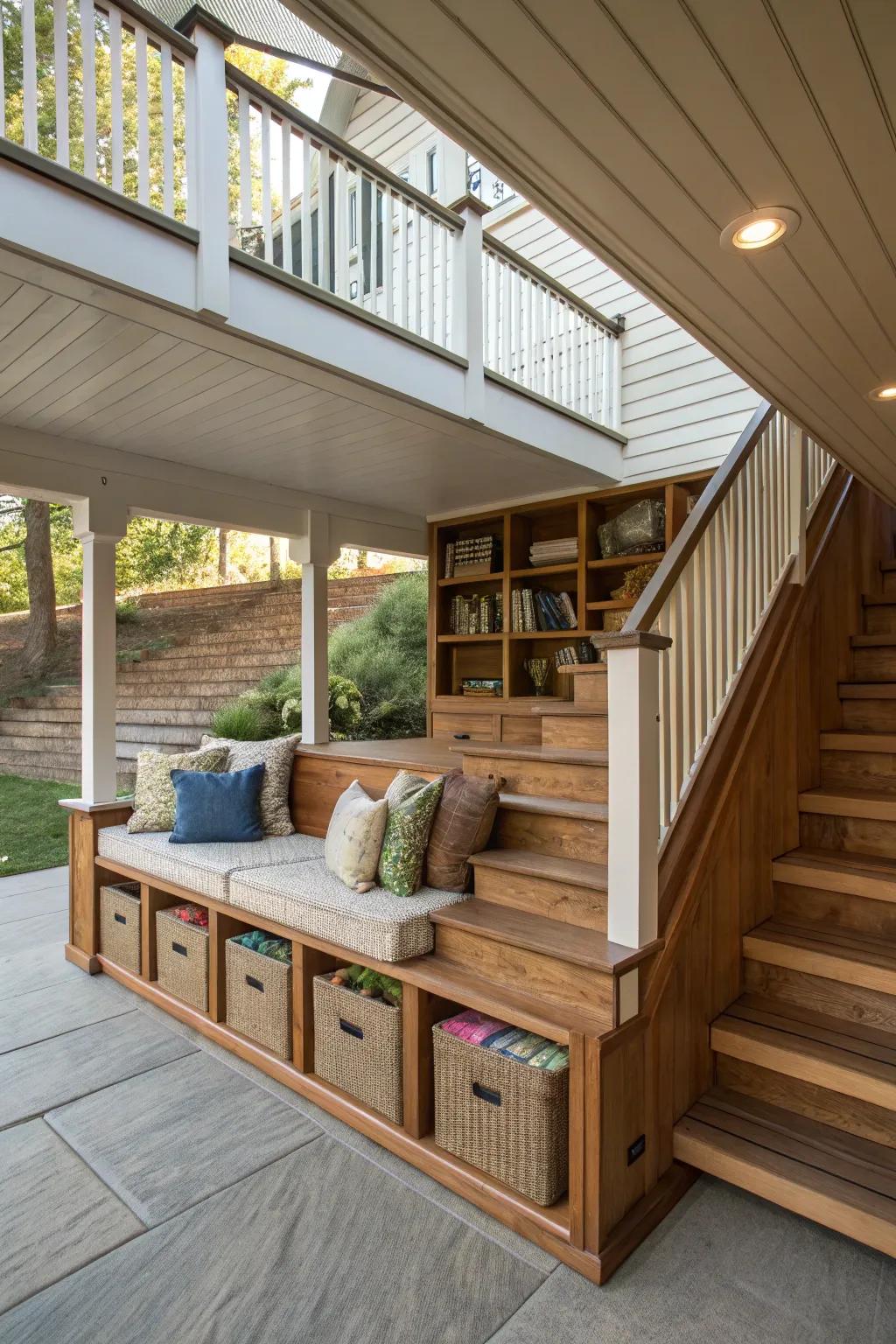 Cleverly designed multi-functional deck stairs for added utility.