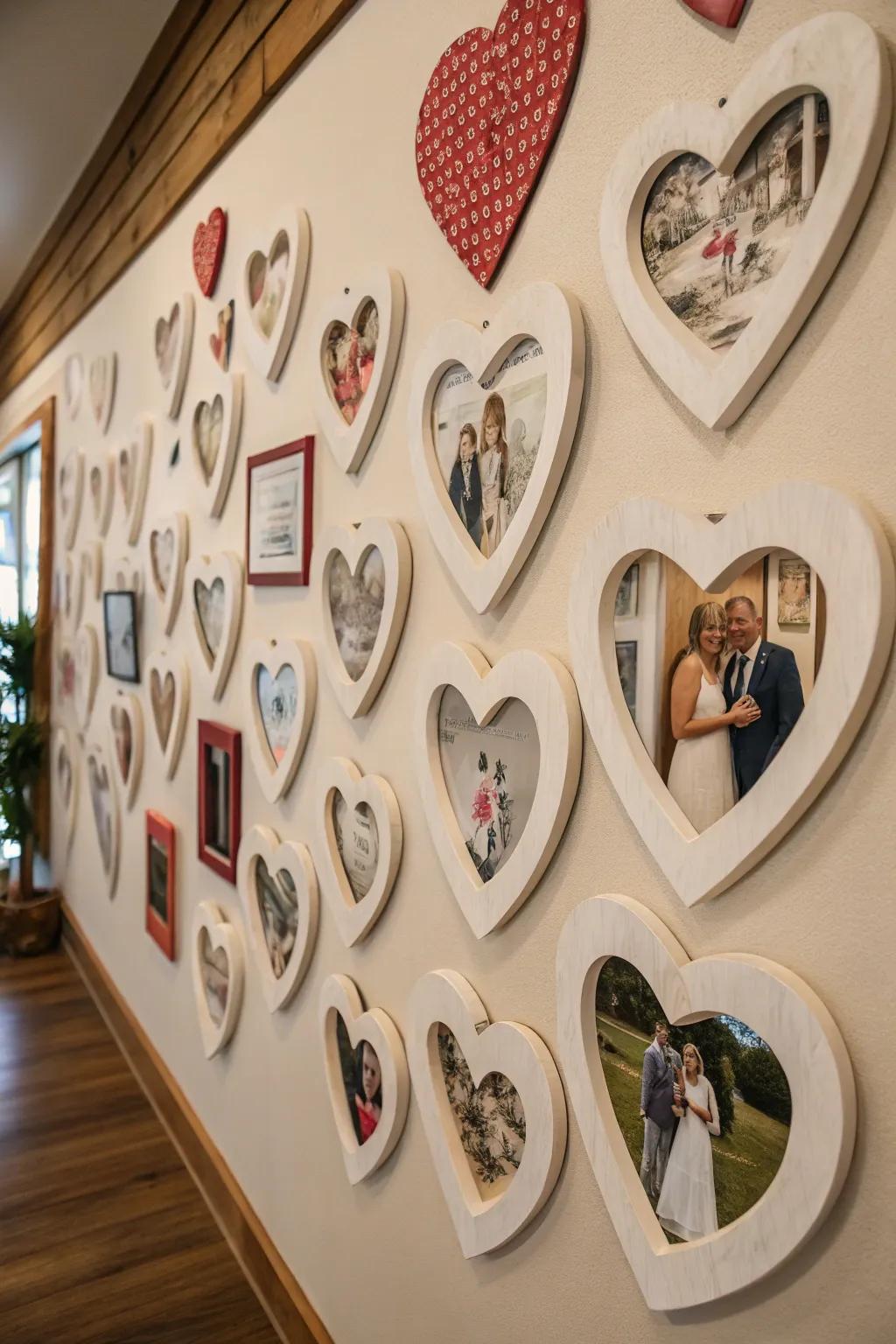 Celebrate your love story with a display of heart-shaped photo frames.