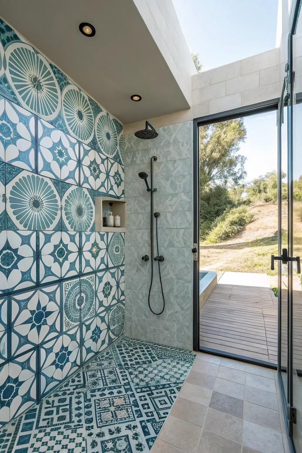 Decorative tiles create a striking and artistic display.