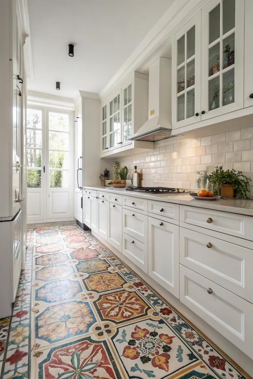 Bold floor patterns add interest to a white kitchen.