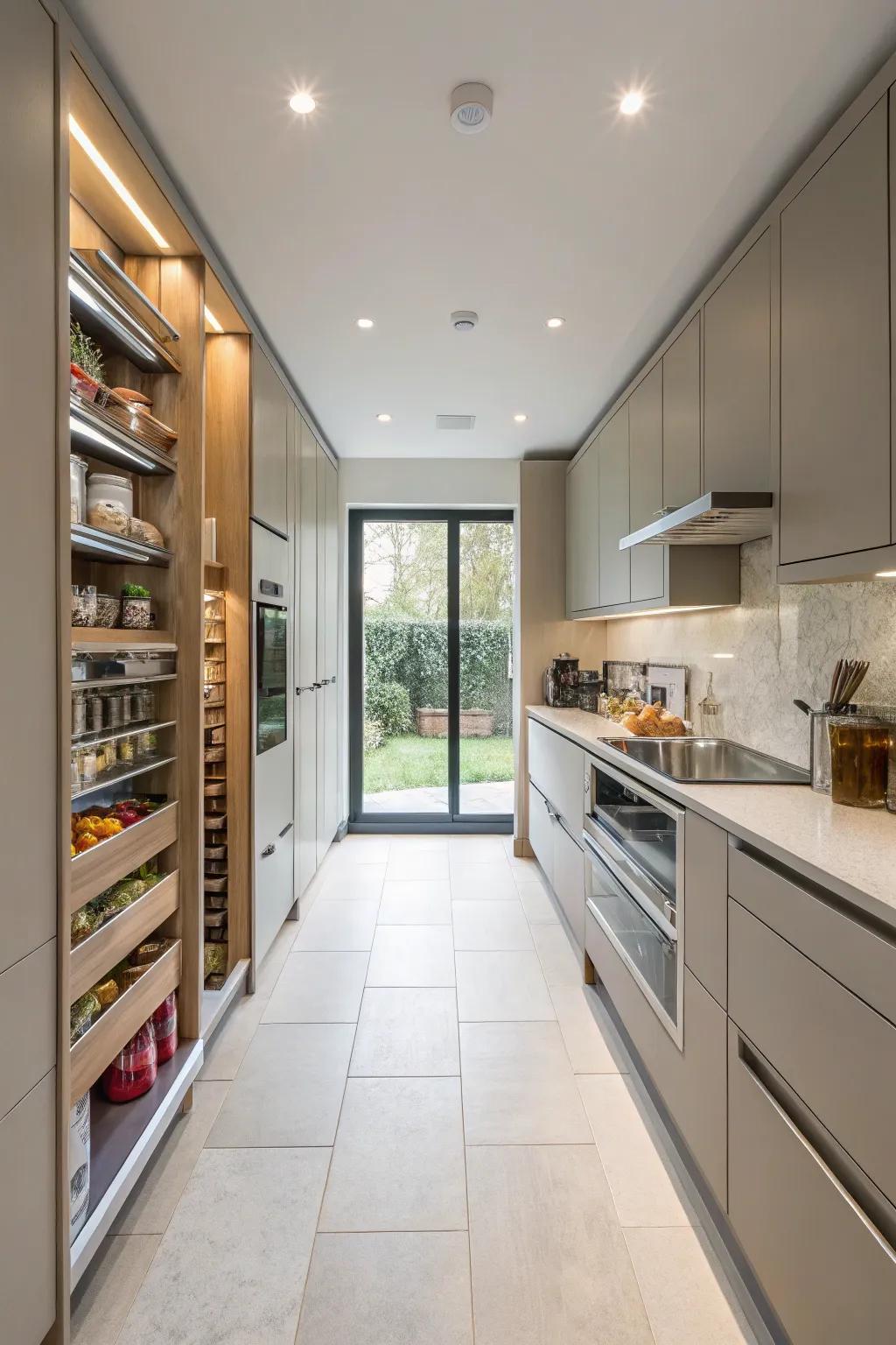 Hidden storage keeping a wide galley kitchen tidy.