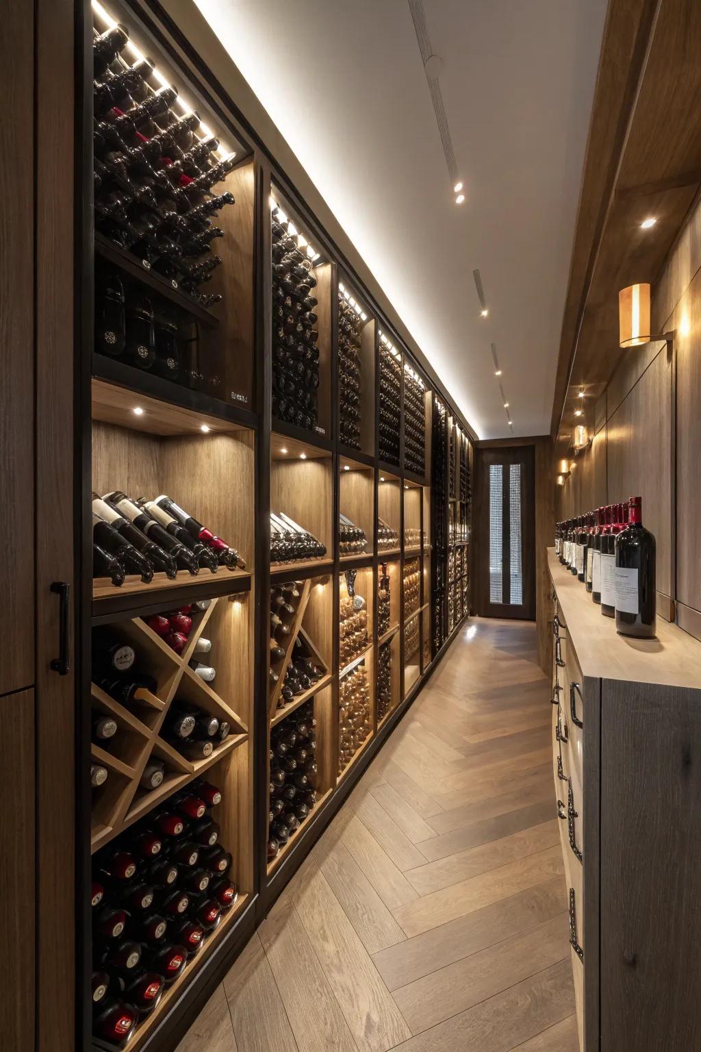 Under-counter lighting adding a soft glow to the wine room.