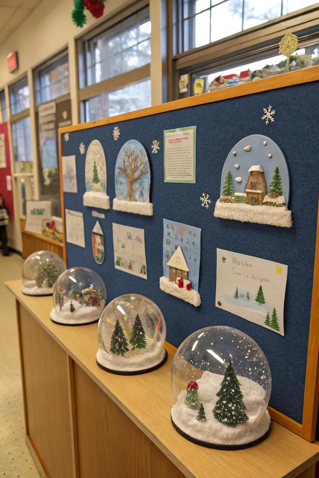 A snow globe showcase highlights students' creativity in depicting winter scenes.