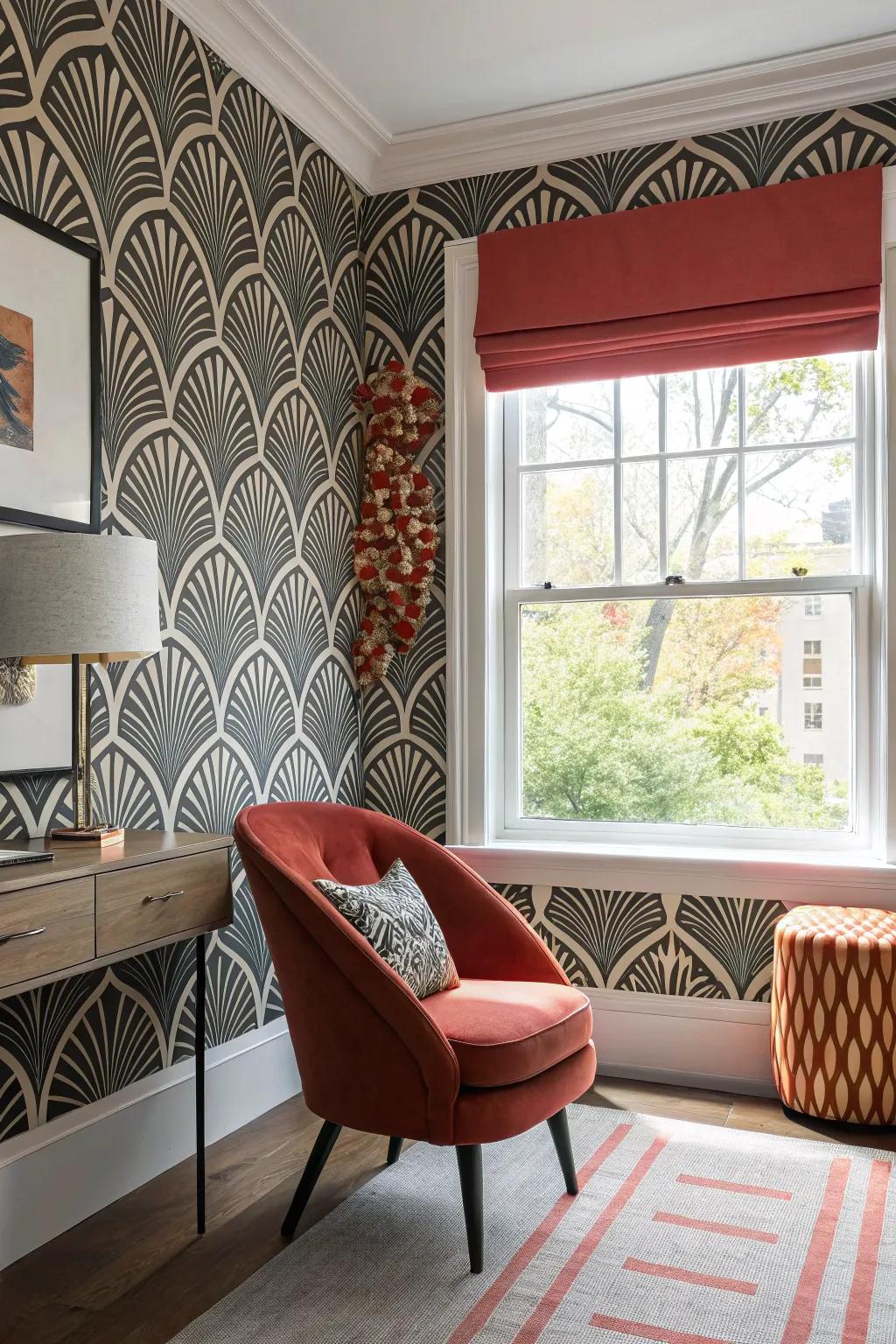 Bold wallpaper creates a striking impact.