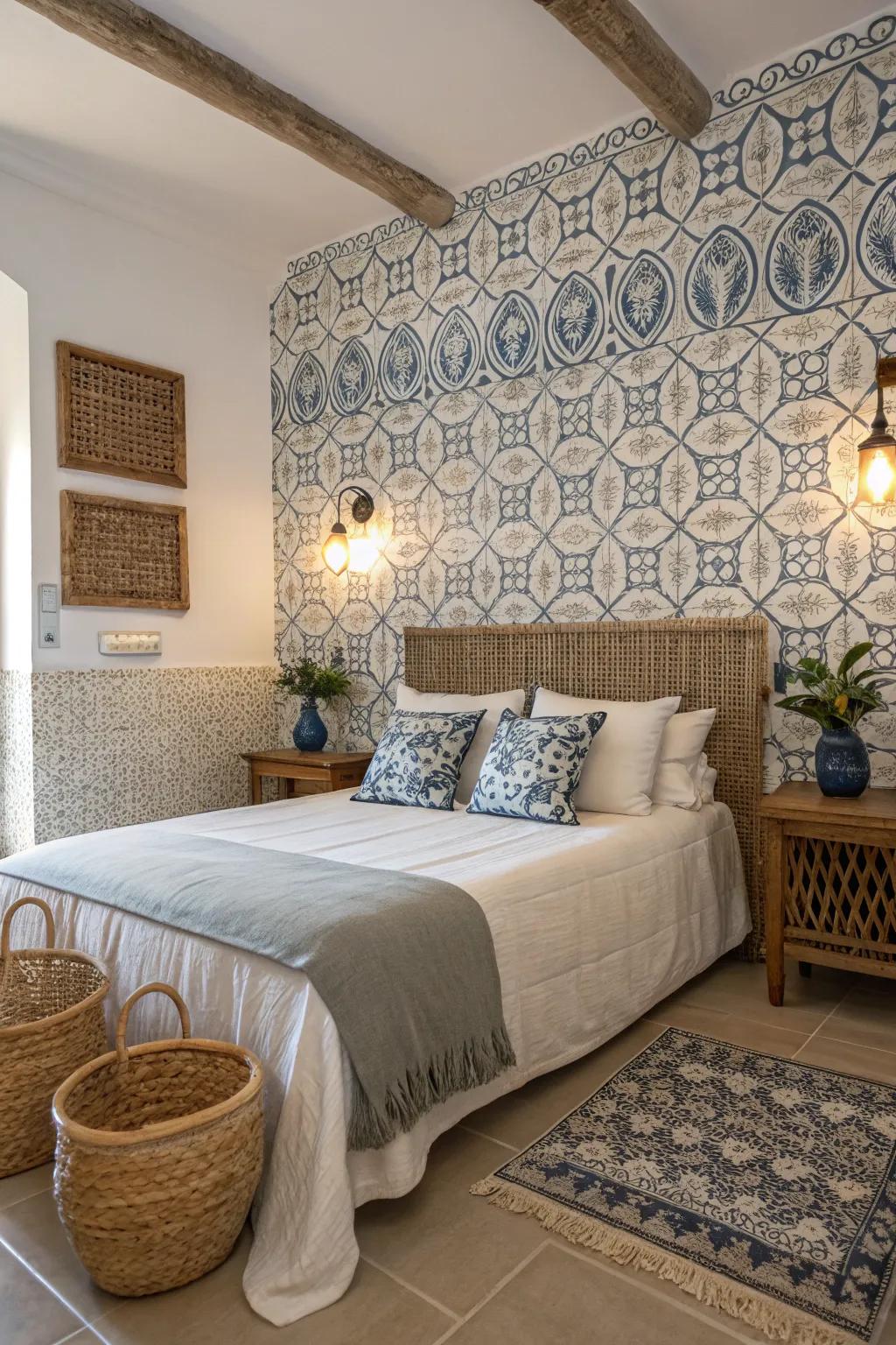 Tiles on the accent wall add texture and a Mediterranean touch to the bedroom.