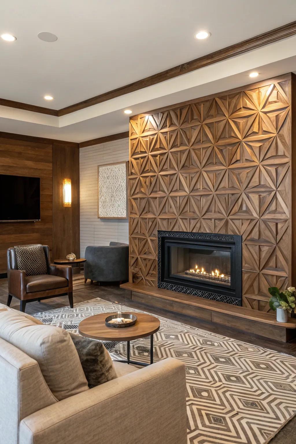 Geometric wood patterns add a modern twist.