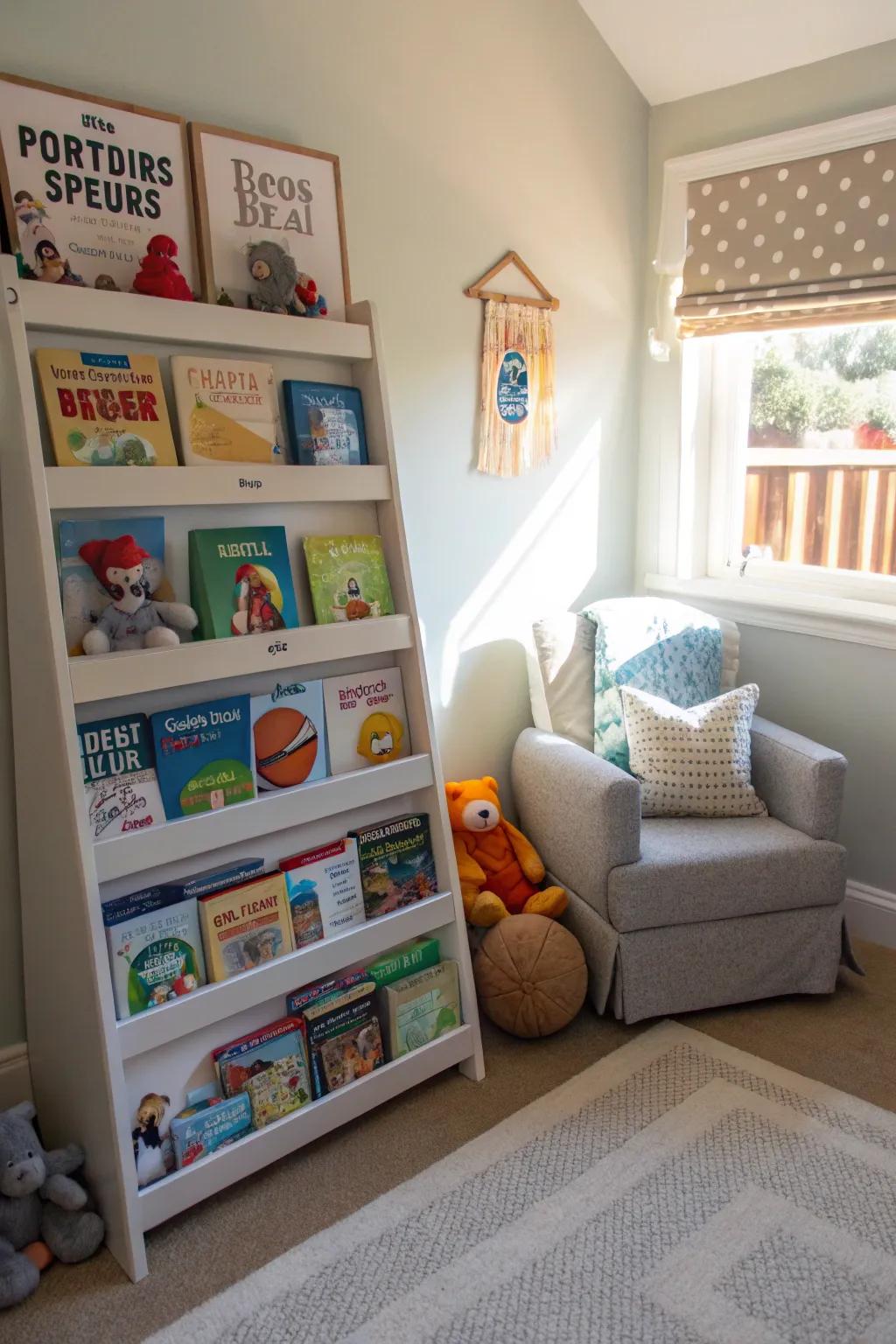 A sports-themed bookshelf delivers both storage and a thematic detail.