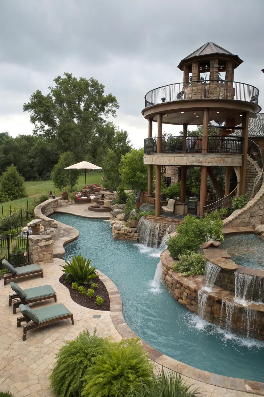 A multi-level lazy river pool offering versatile spaces for relaxation and fun.