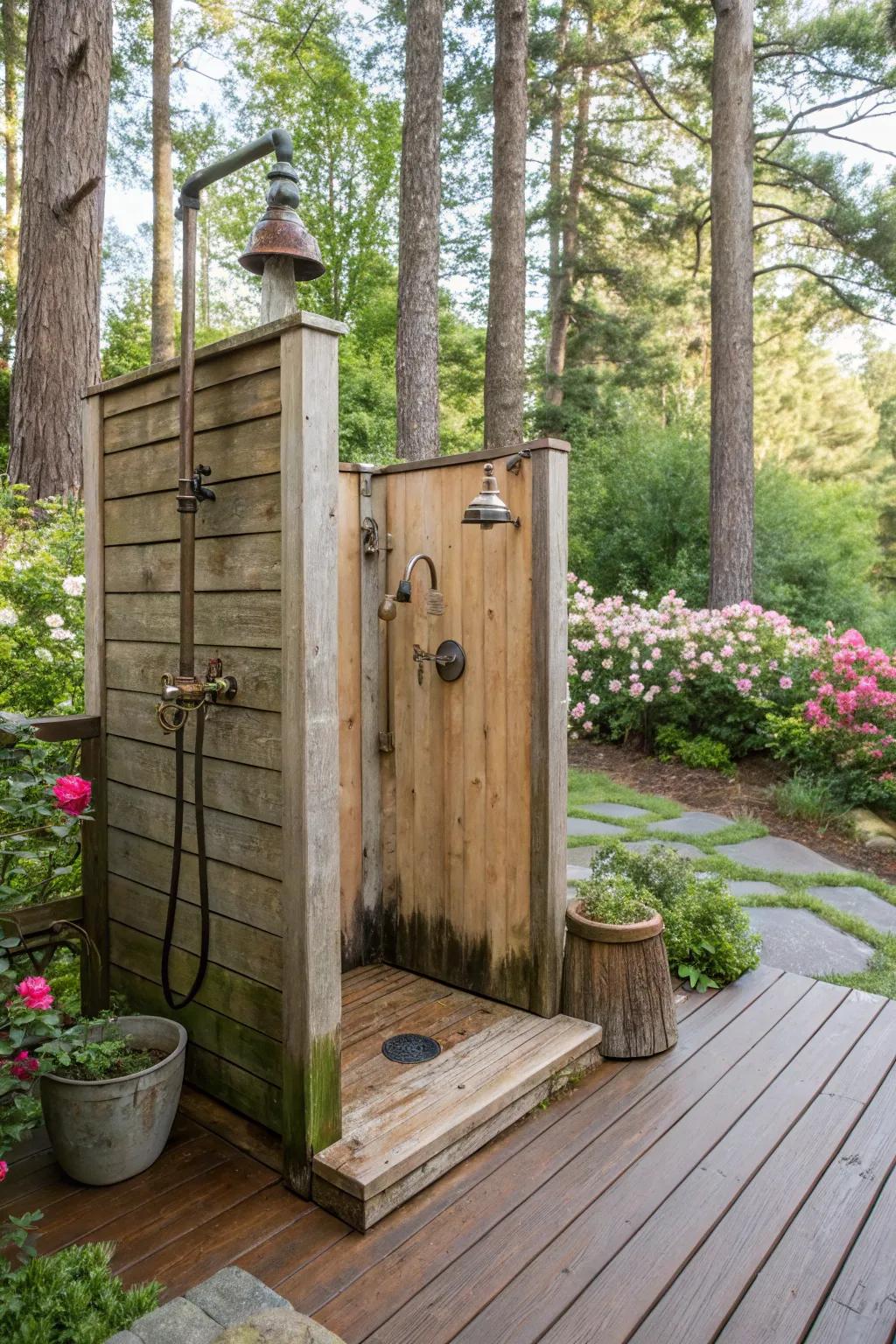 A fusion of rustic and vintage styles in an outdoor shower.