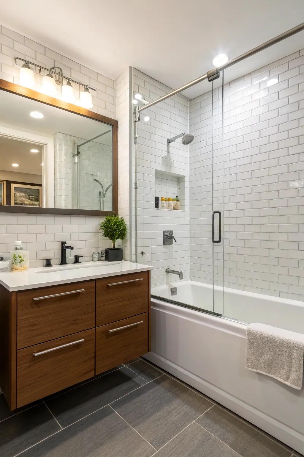 A smartly designed small bathroom with an efficient alcove tub.