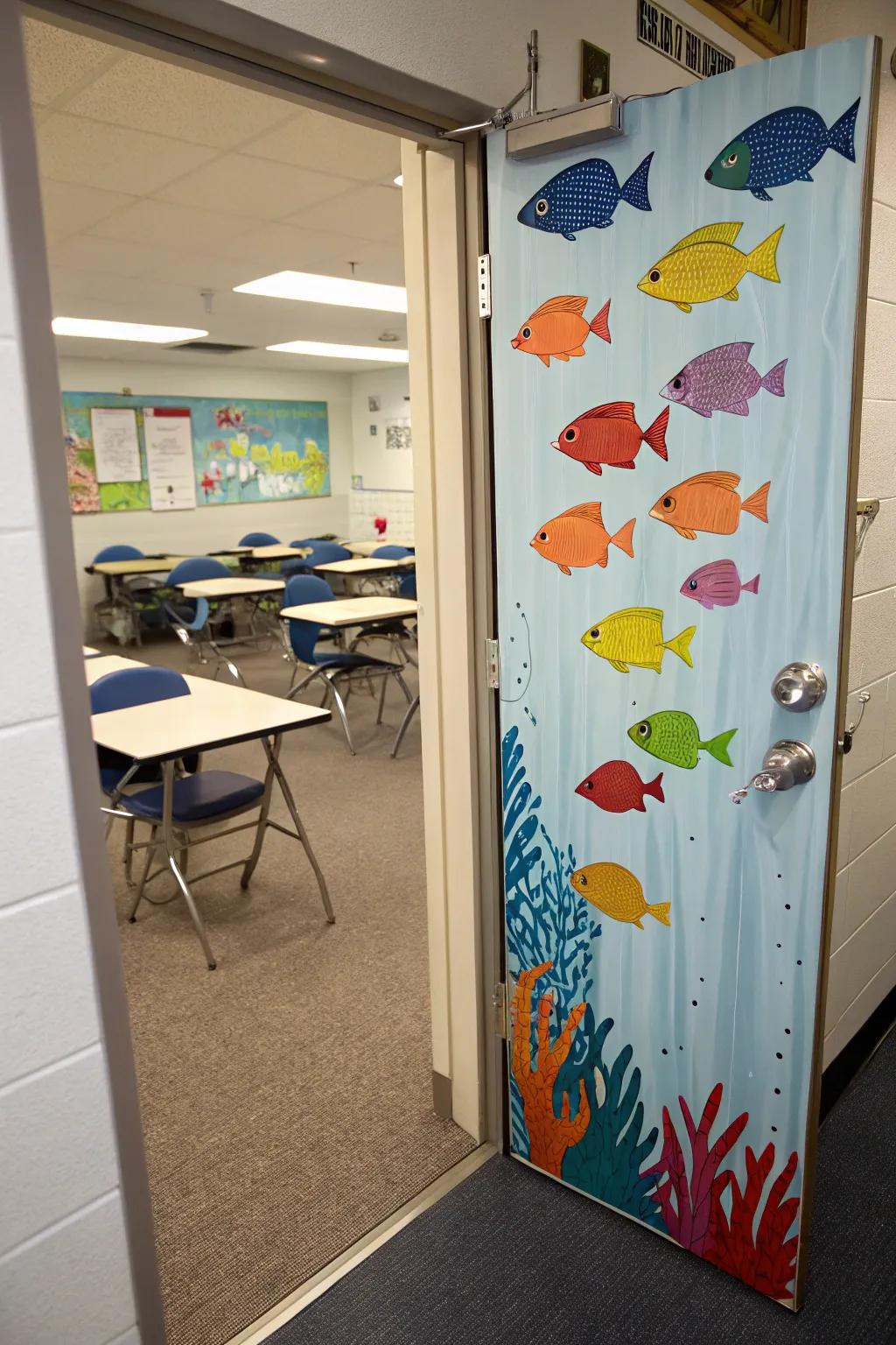 A lively parade of tropical fish on a classroom door.