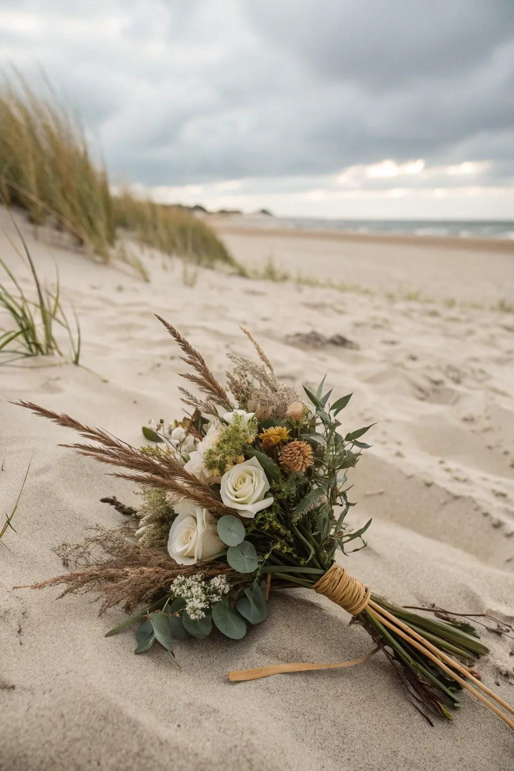 An earthy bouquet that naturally complements the beach setting.