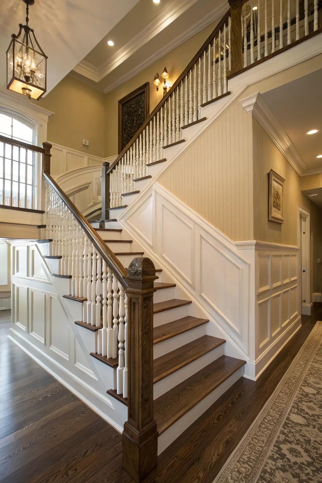 A stylish staircase with beadboard trim.