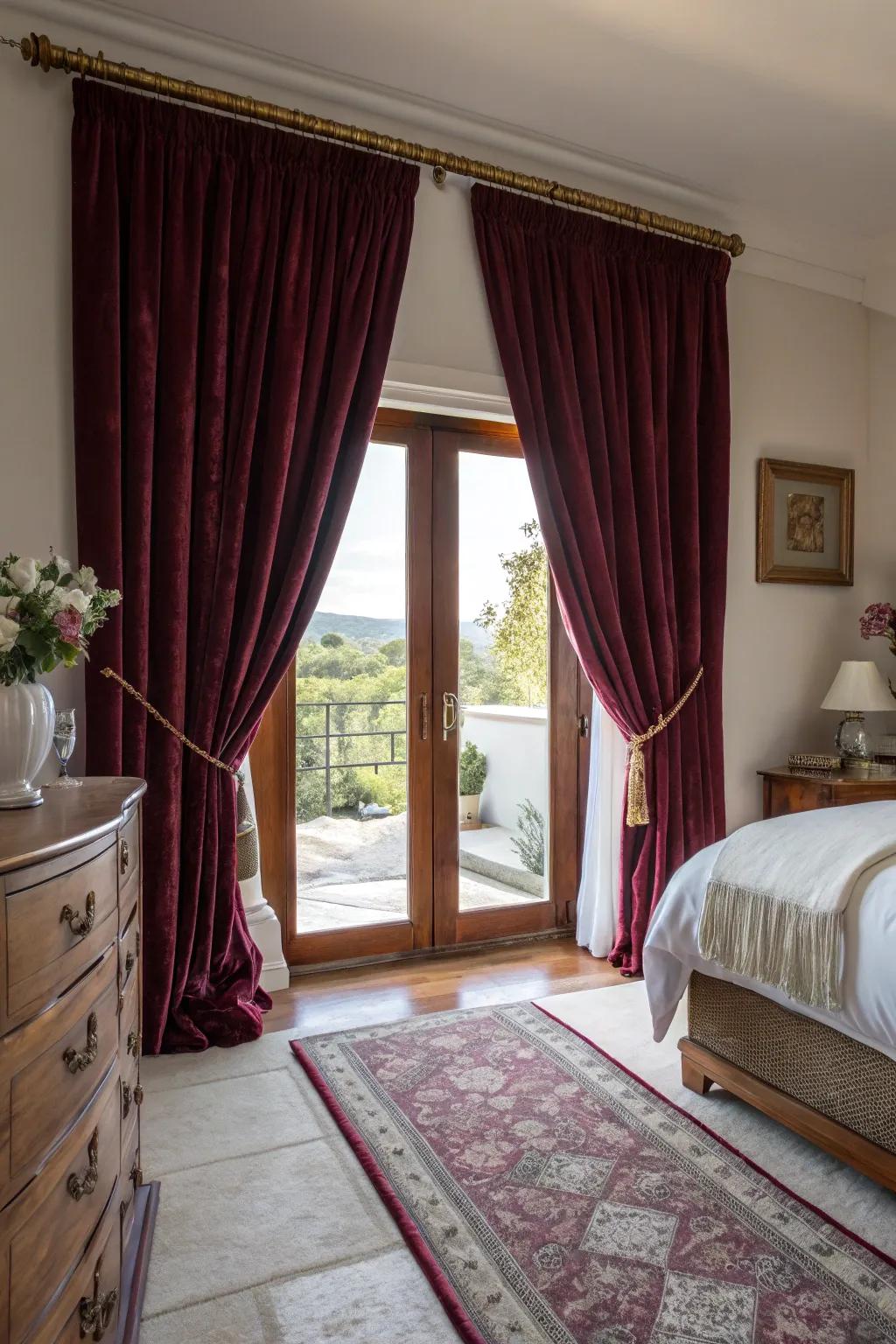 Velvet curtains add a luxurious touch to the patio doors.