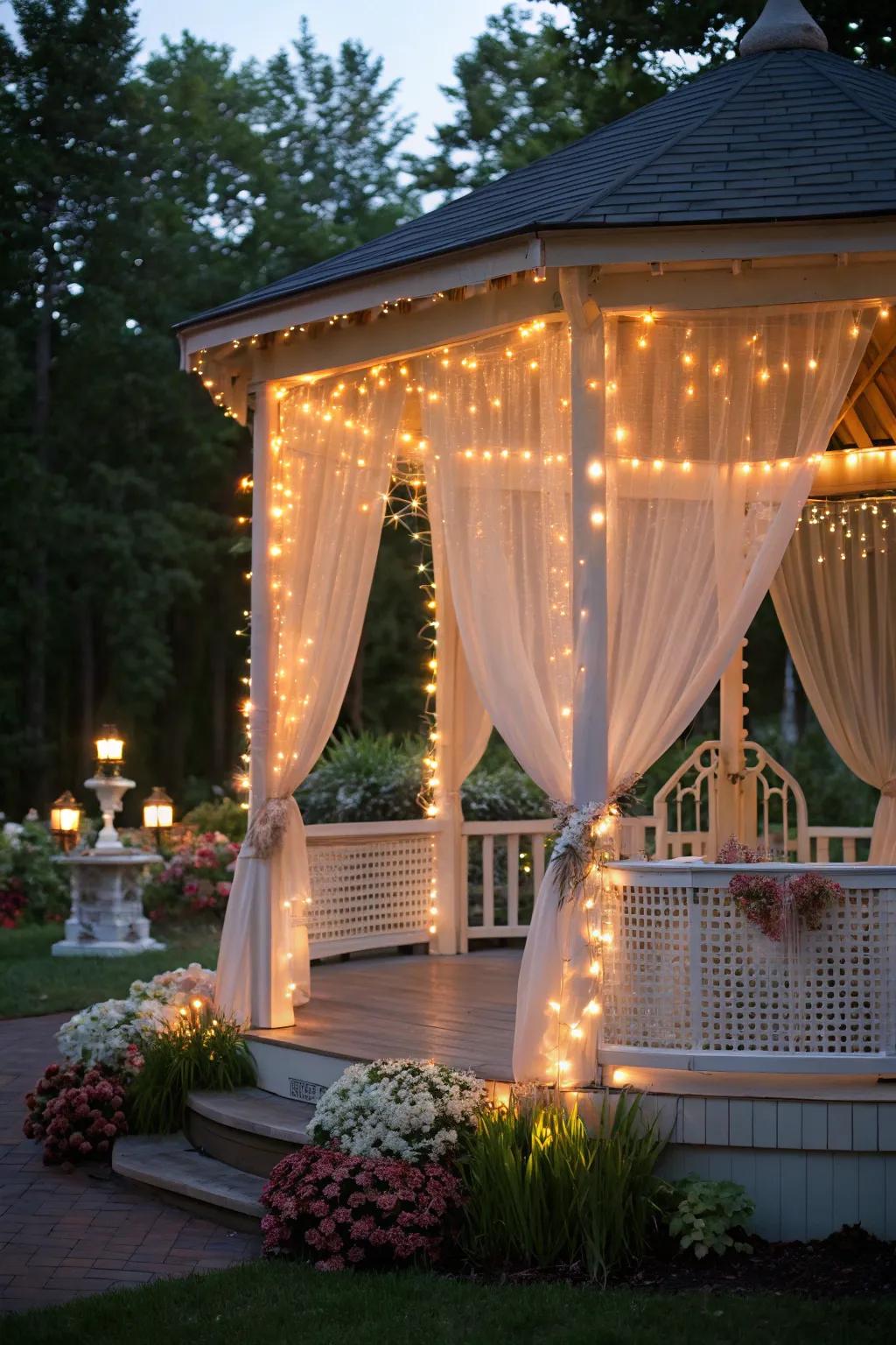 Curtain lights add elegance and glamour to any gazebo.