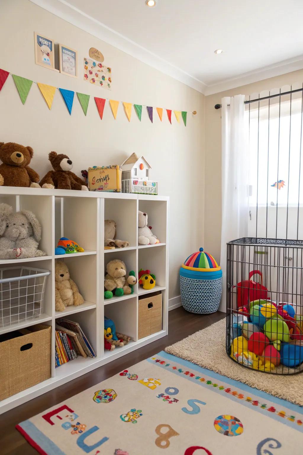 Cubbies and cages provide structured toy holding.