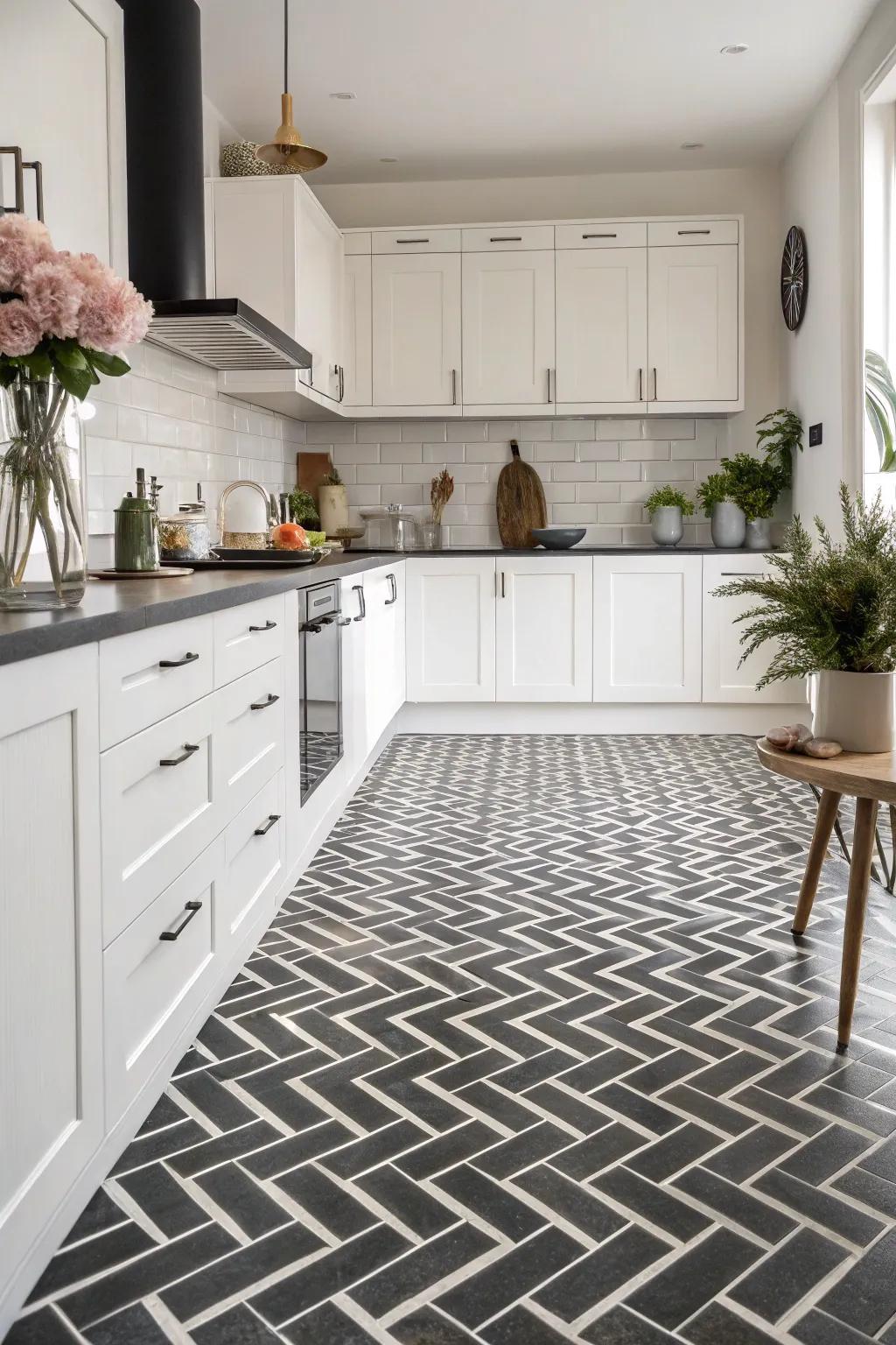 Unique herringbone flooring adds visual interest.