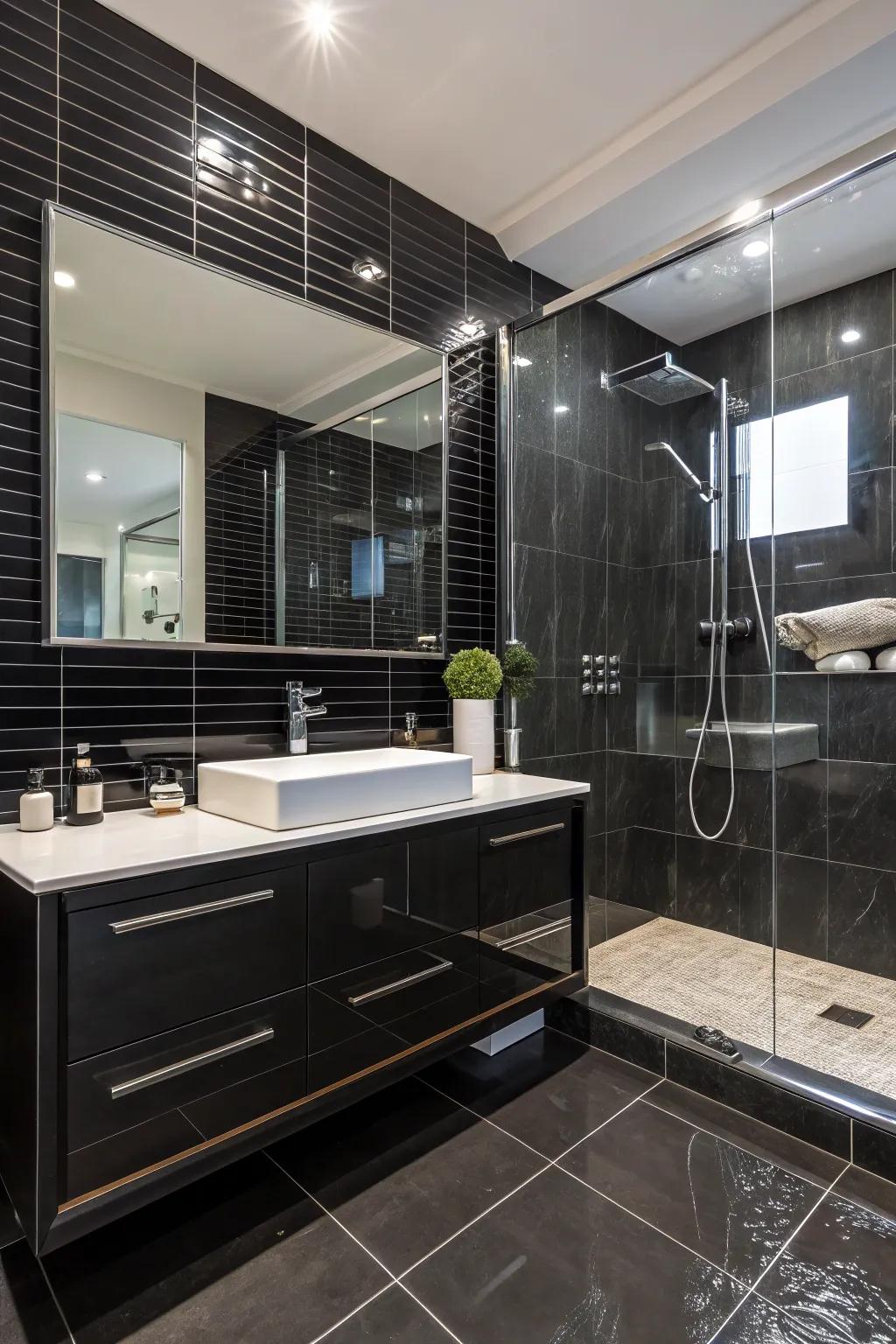 Glossy black tiles reflect light, adding brightness and space.