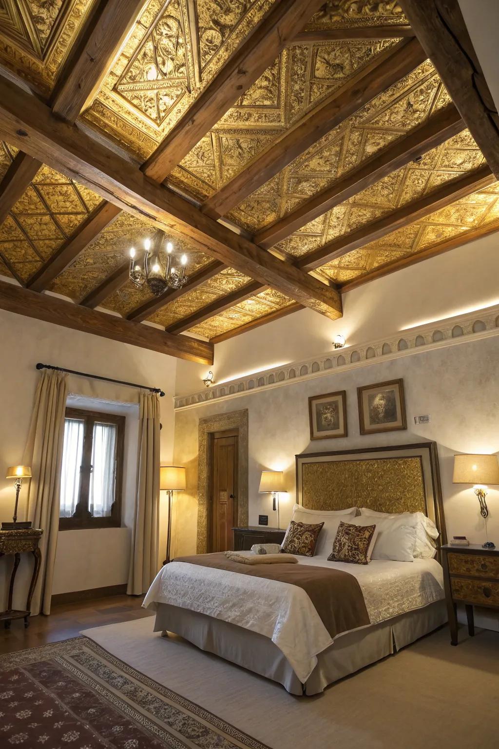 A decorated ceiling adds a luxurious touch.