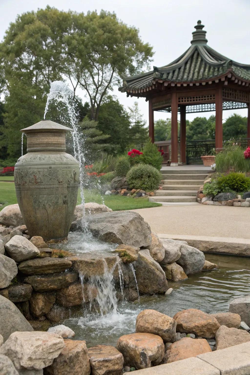Cultural accents enrich depth and intrigue within this garden spring.
